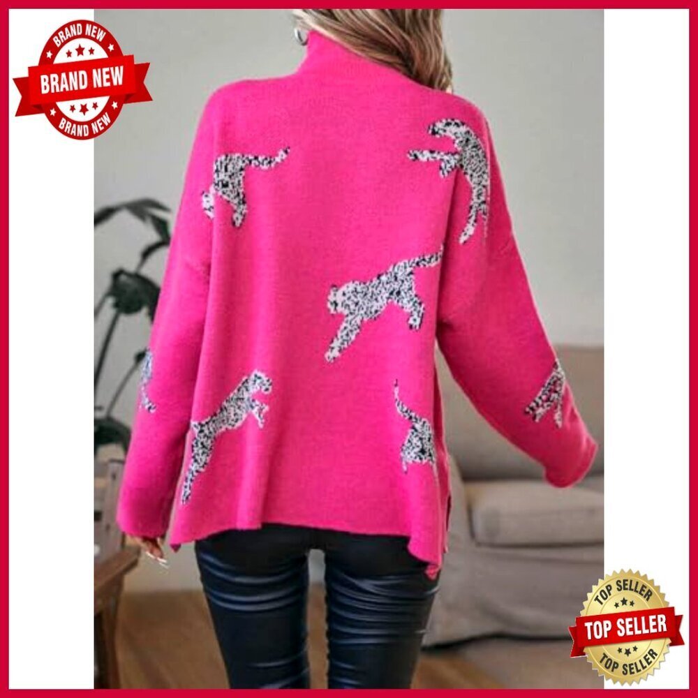Leopard Print High Neck Long Sleeve Pullover Sweater Casual Knit Y2K Chic - Picture 2 of 5